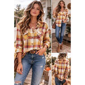 Lucky Brand Yellow/Brown Plaid Collared Button Down Shirt Size M Classic Fit